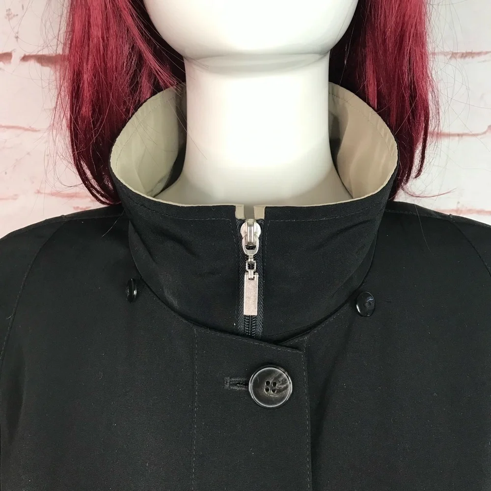 GALLERY Black & Taupe Trench Coat Raincoat detach Hood Size Medium 37” Length - Picture 7 of 16